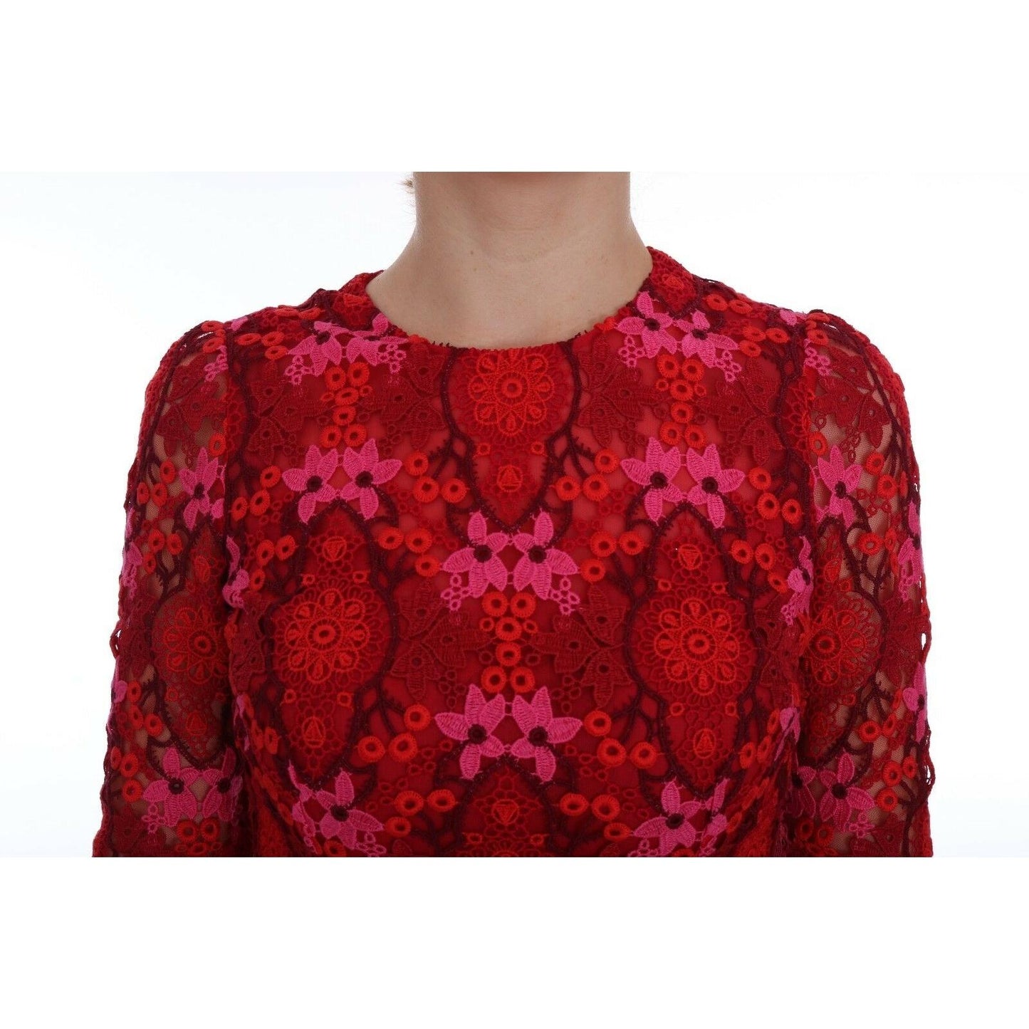 Red Floral Ricamo Sheath Long Sleeve Dress