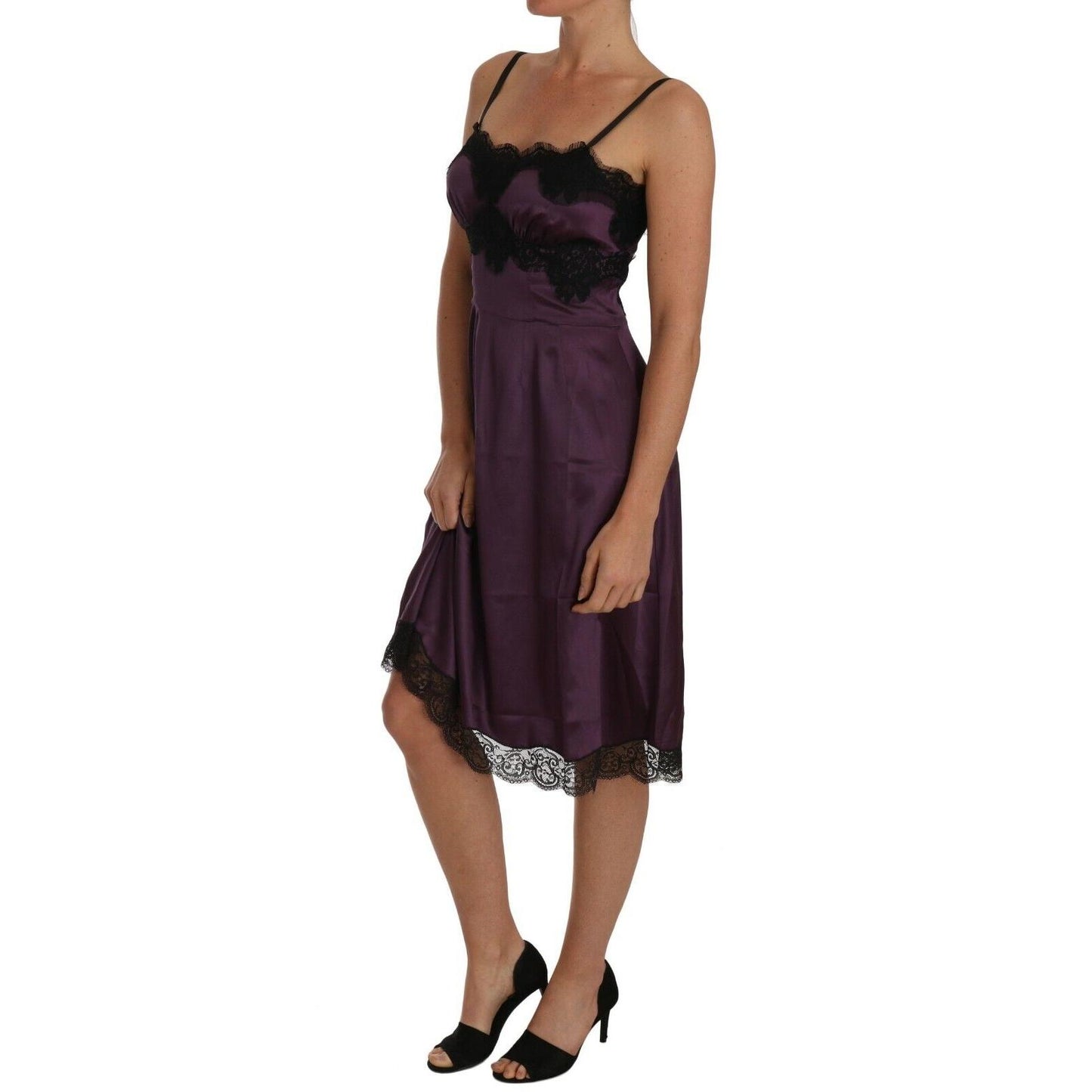 Purple Silk Stretch Black Lace A-Line Dress