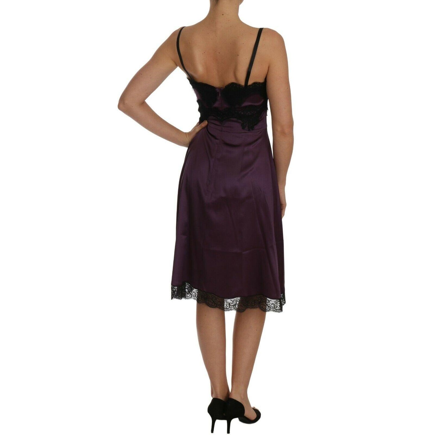 Purple Silk Stretch Black Lace A-Line Dress