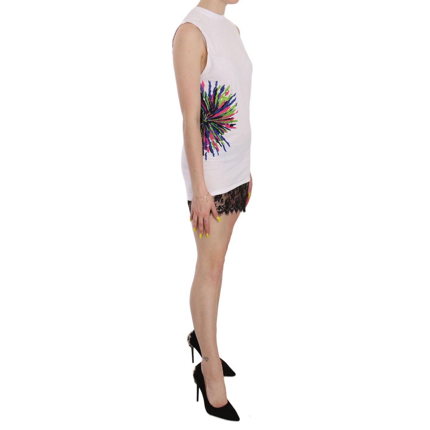 White Printed Crew Neck Sleeveless Bodycon Mini Dress