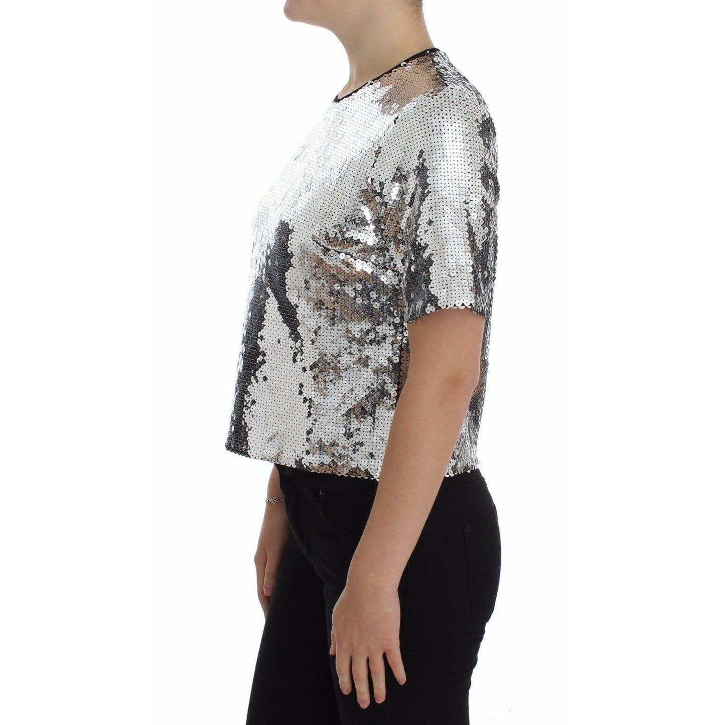 Silver Sequined Crewneck Blouse T-shirt Top