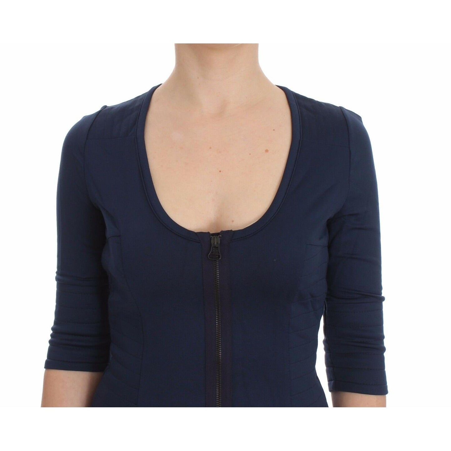 Blue Cotton Top Zipper Deep Crew-neck Sweater