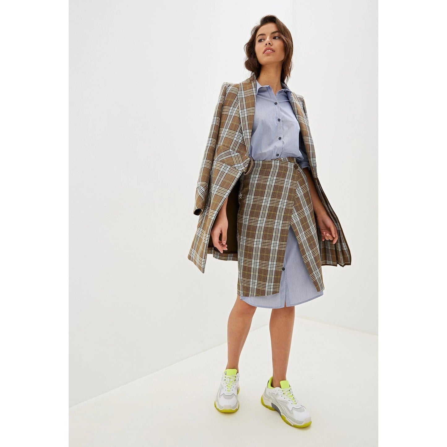 Light Blue Tartan Detail Long Dress