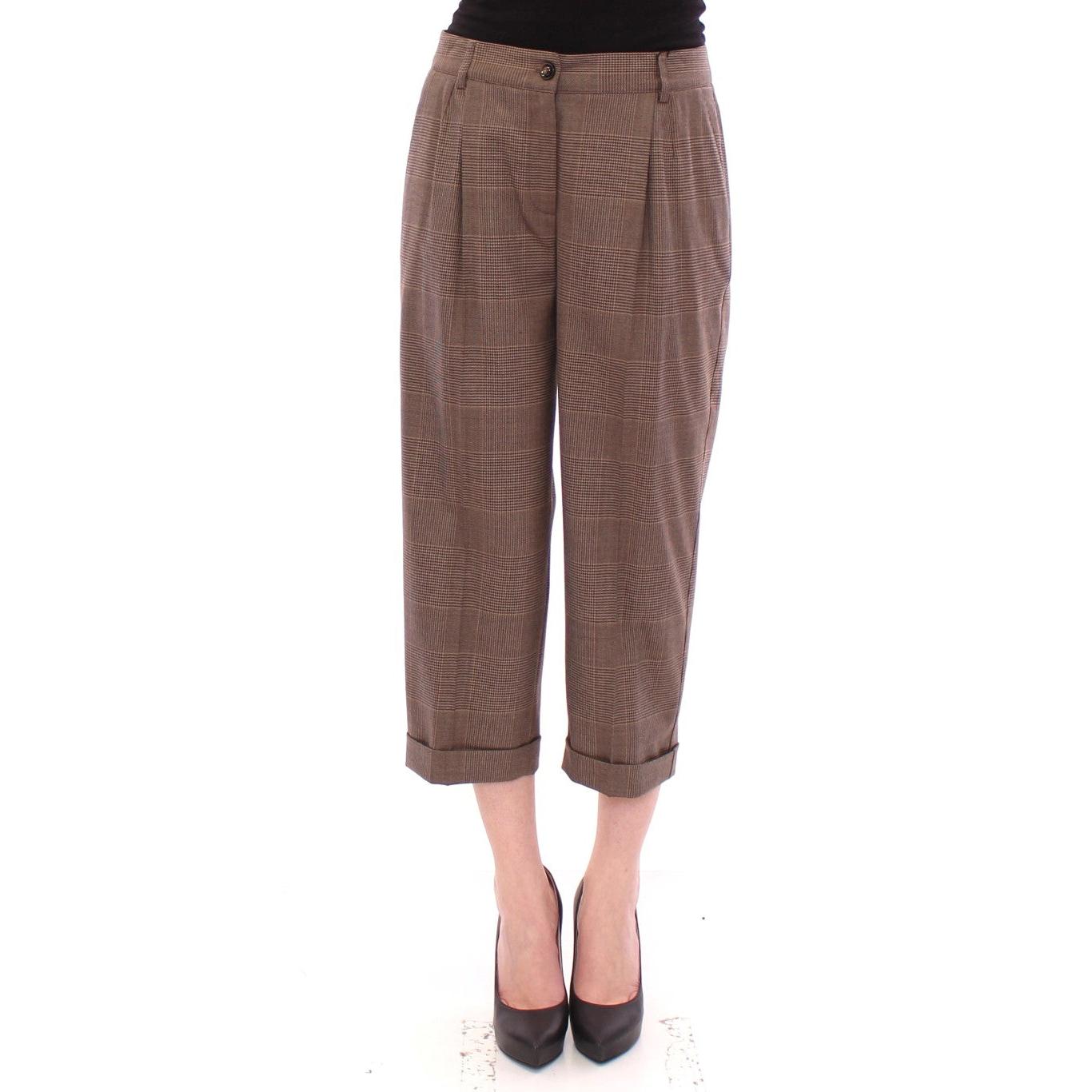 Brown Virgin Wool Checkered Cropped Pants - coffeewithmee2