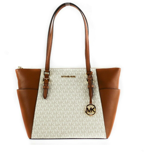 Charlotte Signature Leather Large Top Zip Tote Handbag Bag (Vanilla) - coffeewithmee2