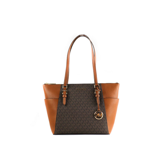 Charlotte Signature Leather Large Top Zip Tote Handbag Bag (Brown) - coffeewithmee2