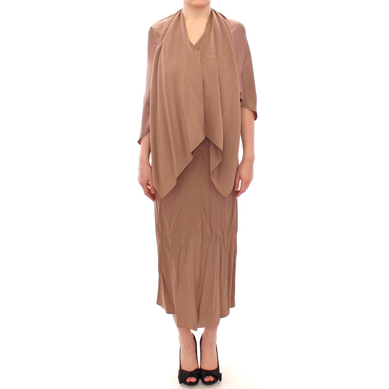 Brown Draped Silk Sheath Shift Coctail Dress - coffeewithmee2