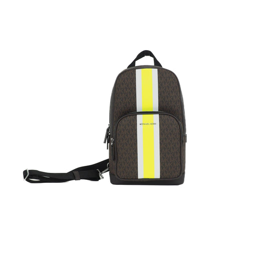 Cooper Medium Signature PVC Varsity Stripe Commuter Slingpack Crossbody Bag (Brown Signature/Neon) - coffeewithmee2
