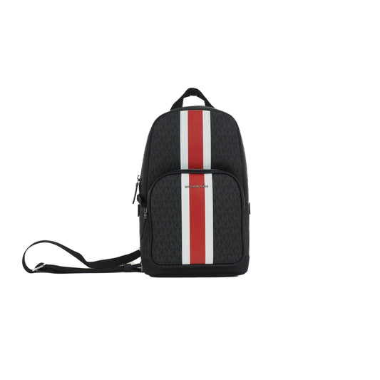 Cooper Medium Signature PVC Varsity Stripe Commuter Slingpack Crossbody Bag (Black Signature/Flame Red) - coffeewithmee2