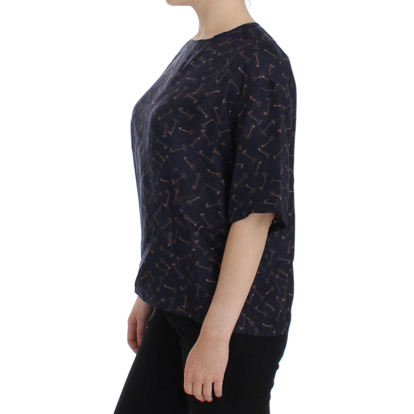 Blue gold key print silk blouse - coffeewithmee2