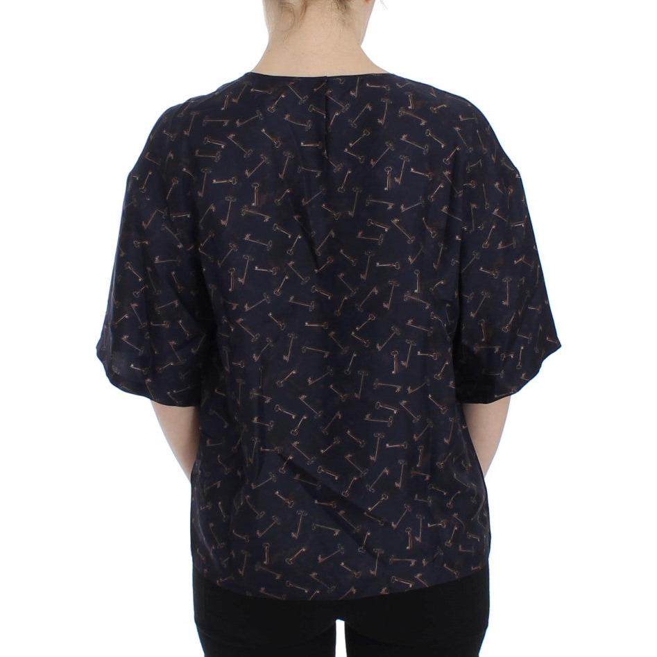 Blue gold key print silk blouse - coffeewithmee2