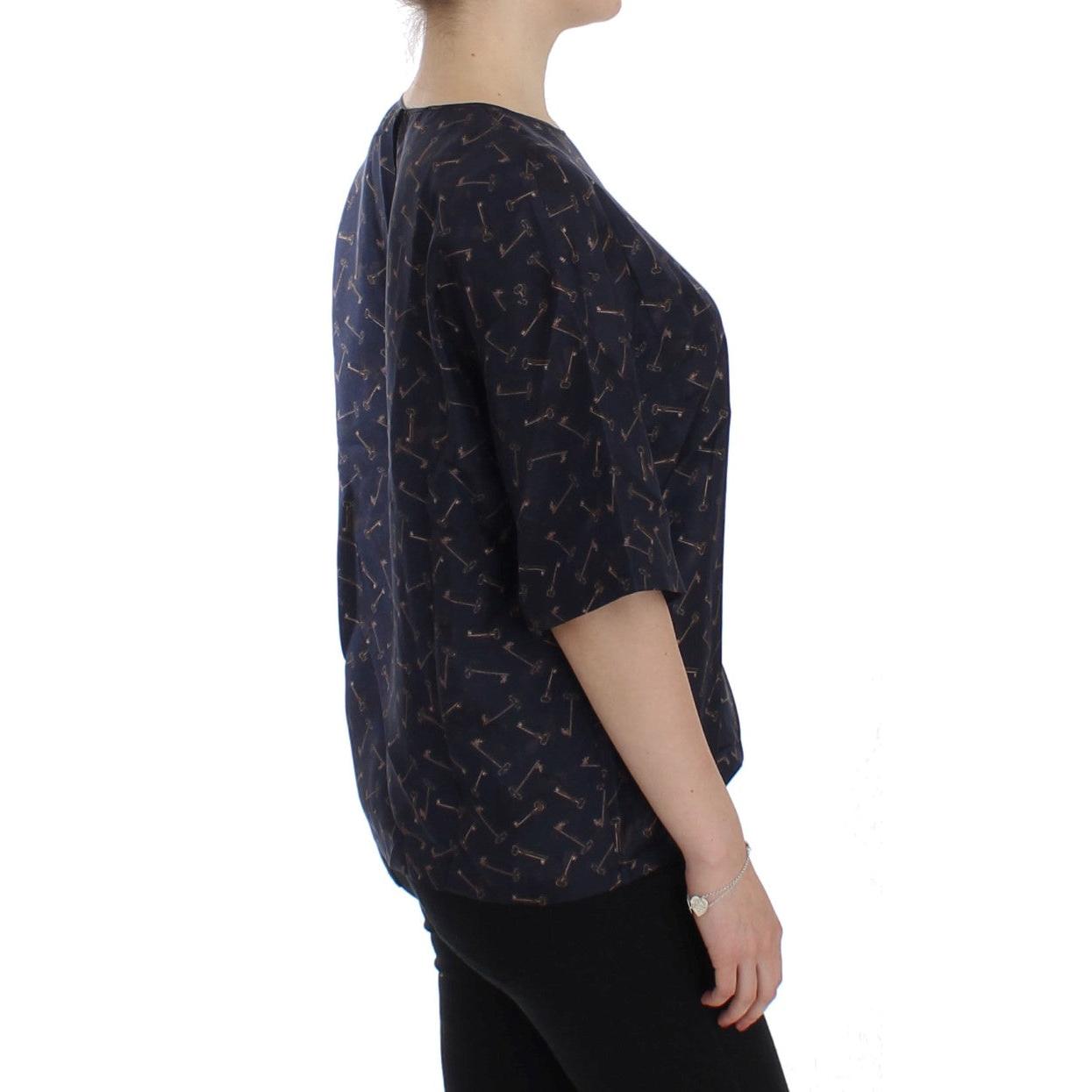 Blue gold key print silk blouse - coffeewithmee2