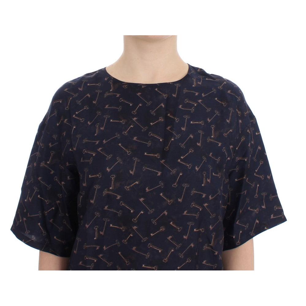 Blue gold key print silk blouse - coffeewithmee2