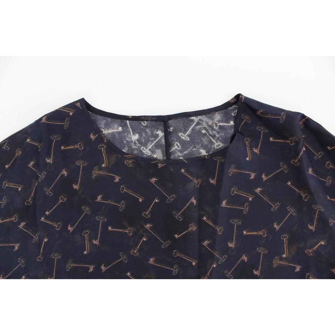Blue gold key print silk blouse - coffeewithmee2