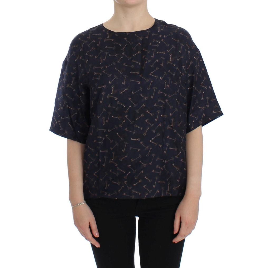 Blue gold key print silk blouse - coffeewithmee2