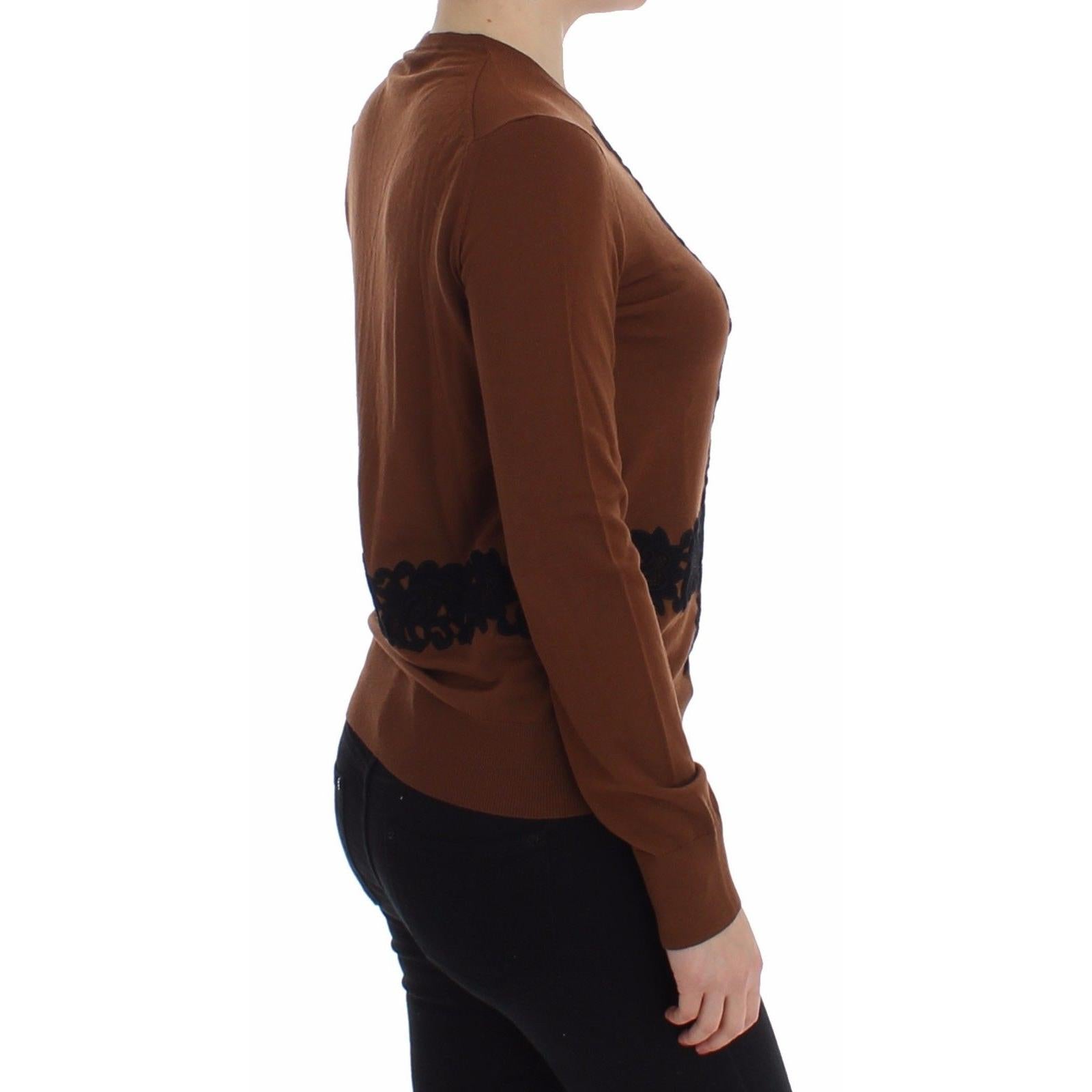 Brown Wool Black Lace Cardigan Sweater - coffeewithmee2