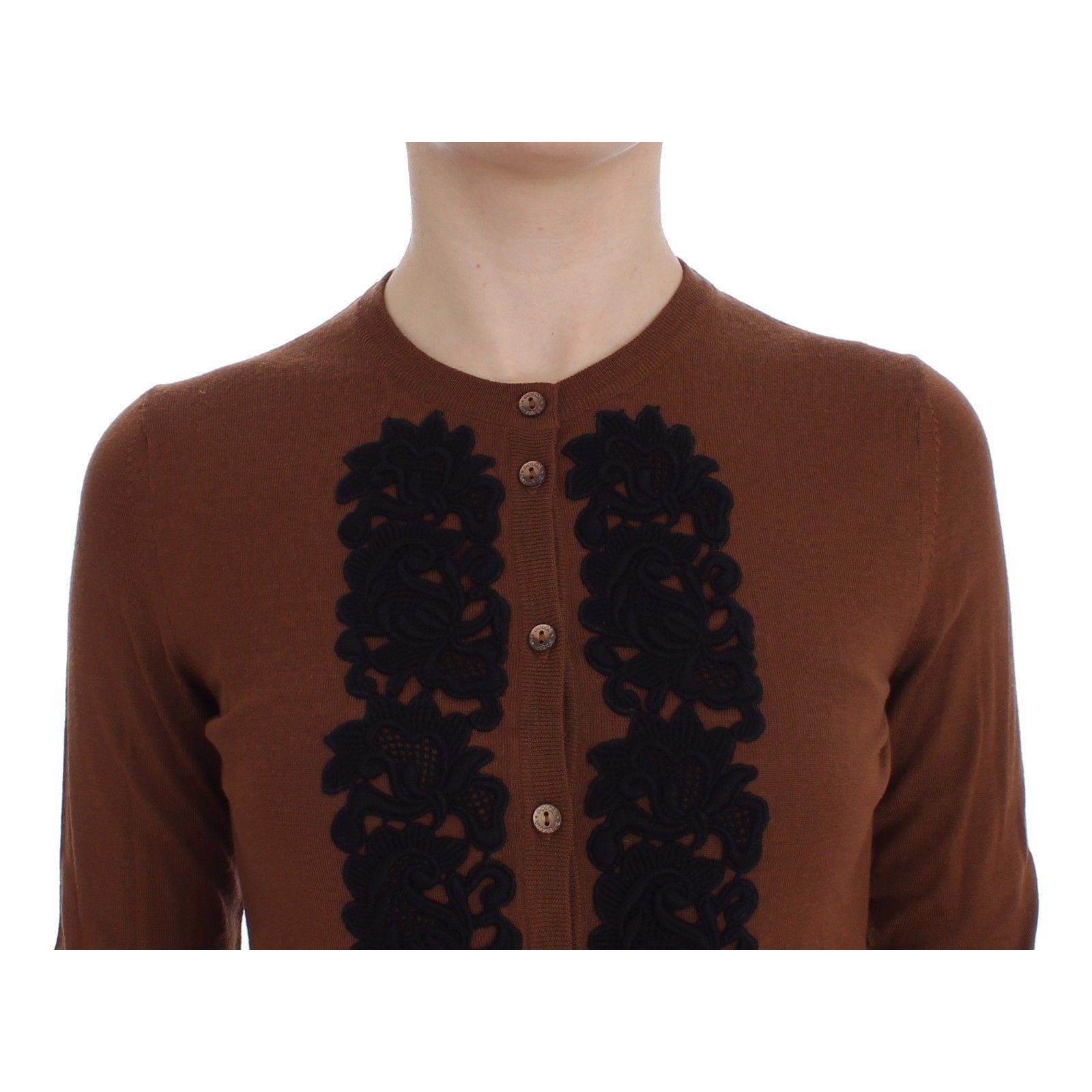 Brown Wool Black Lace Cardigan Sweater - coffeewithmee2