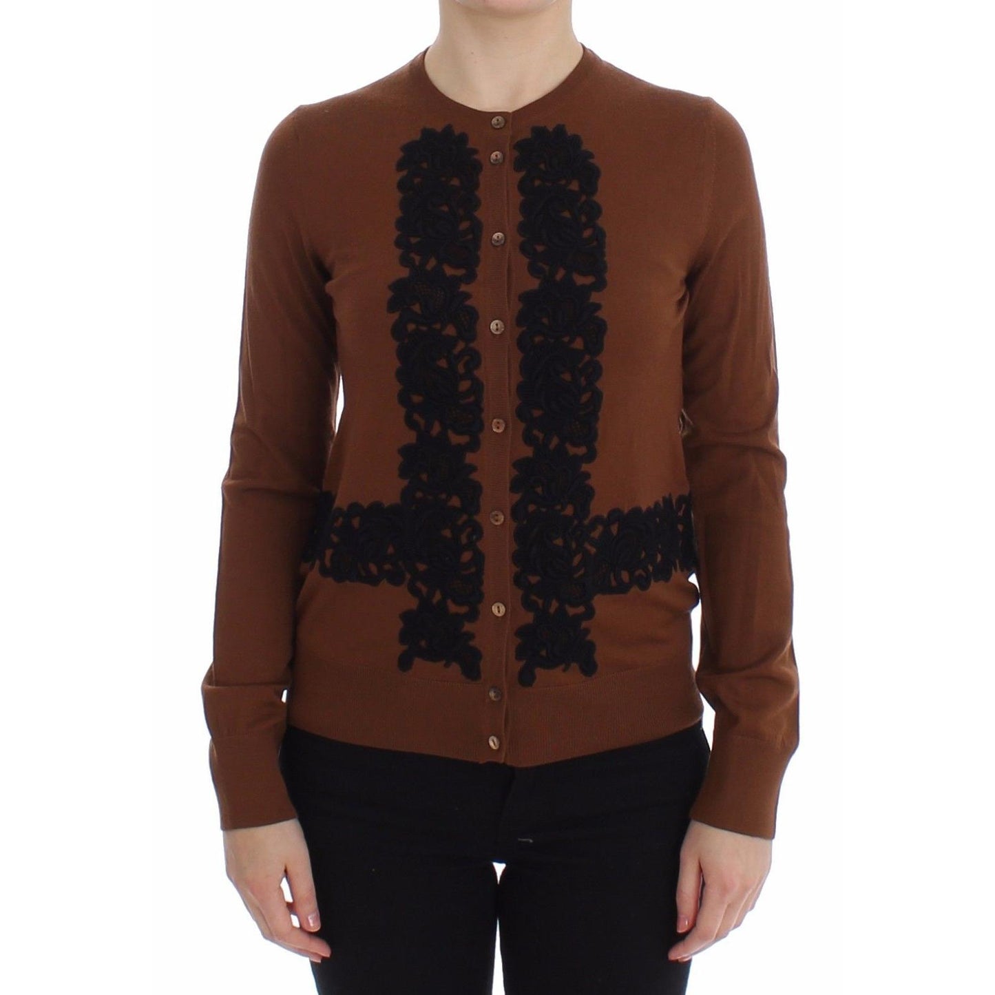 Brown Wool Black Lace Cardigan Sweater - coffeewithmee2