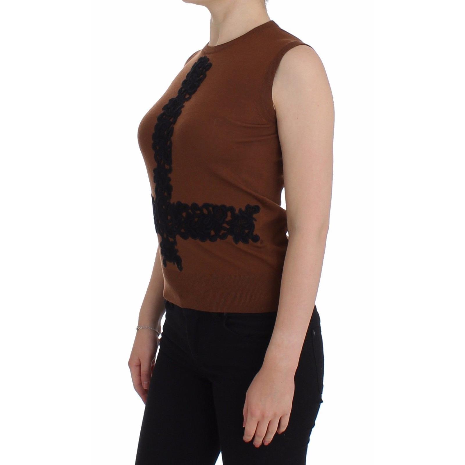 Brown Wool Black Lace Vest Sweater Top - coffeewithmee2