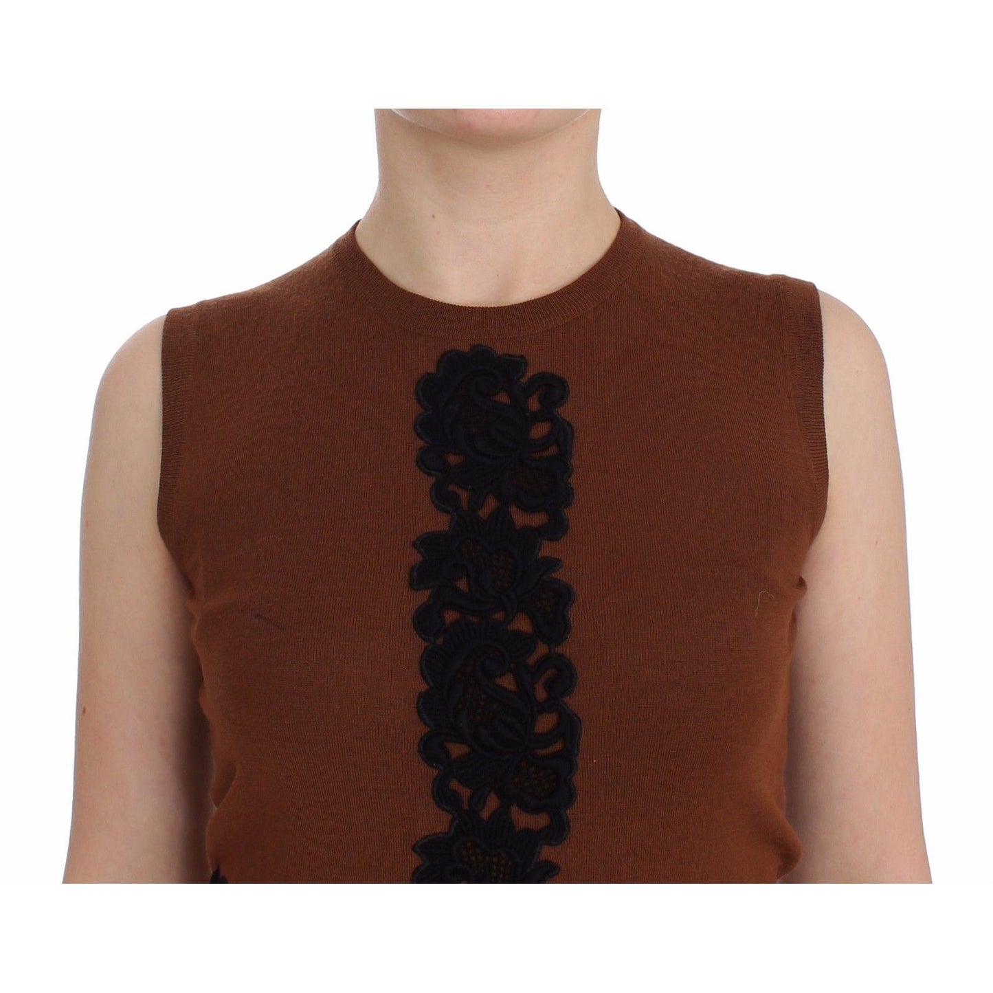 Brown Wool Black Lace Vest Sweater Top - coffeewithmee2
