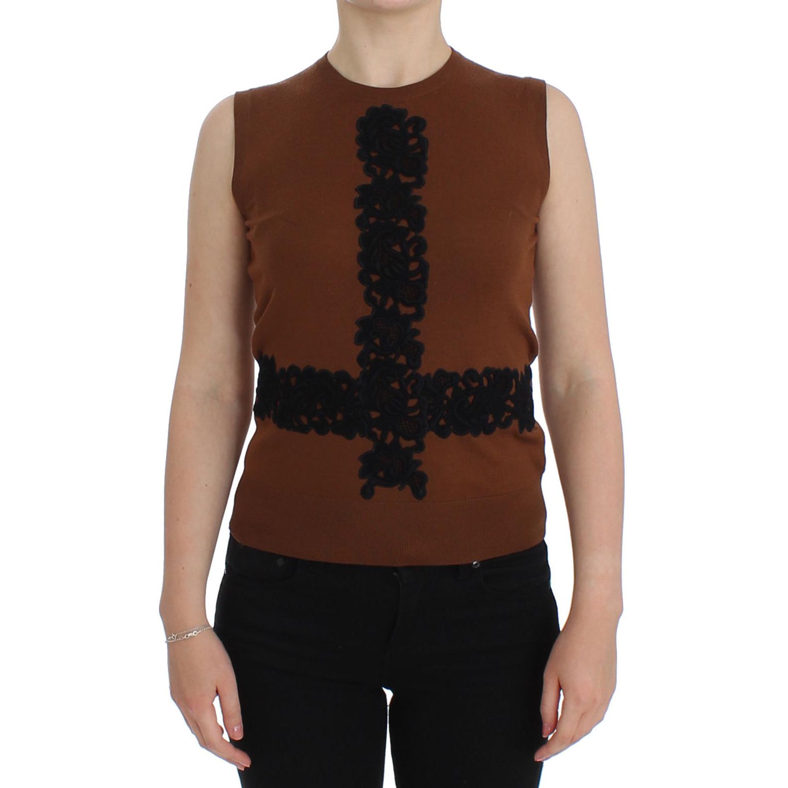 Brown Wool Black Lace Vest Sweater Top - coffeewithmee2