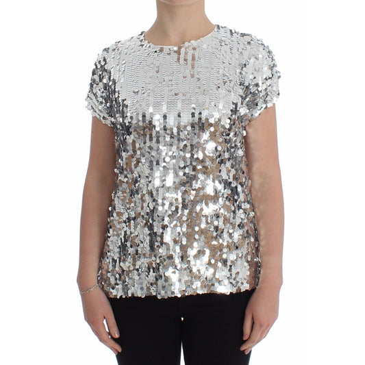 Silver Sequined Crewneck Blouse T-shirt Top - coffeewithmee2