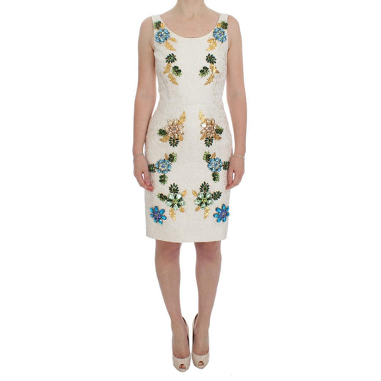 White Brocade Crystal Sheath Dress - coffeewithmee2