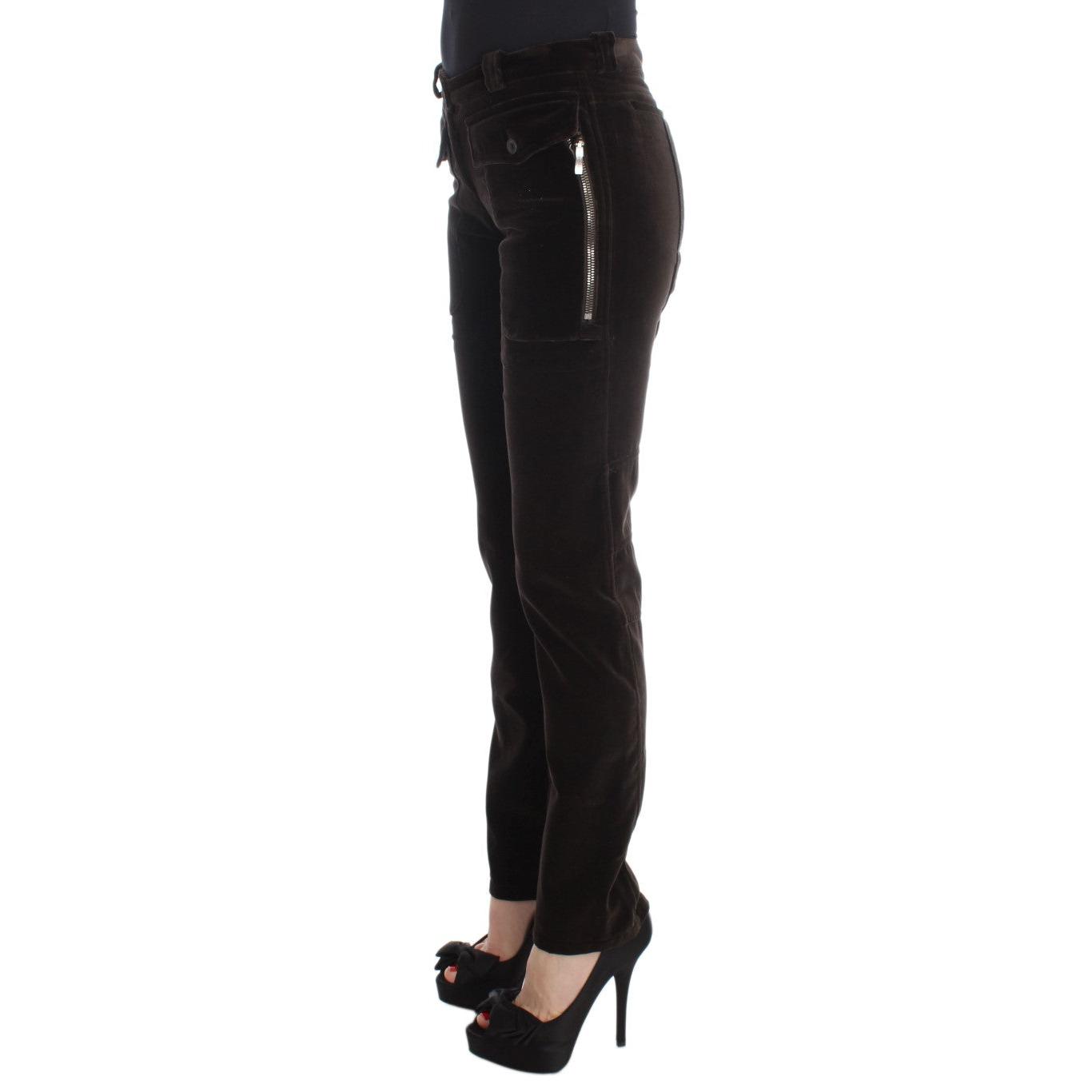 Brown Cotton Velvet Zippers Slim Fit Pants - coffeewithmee2