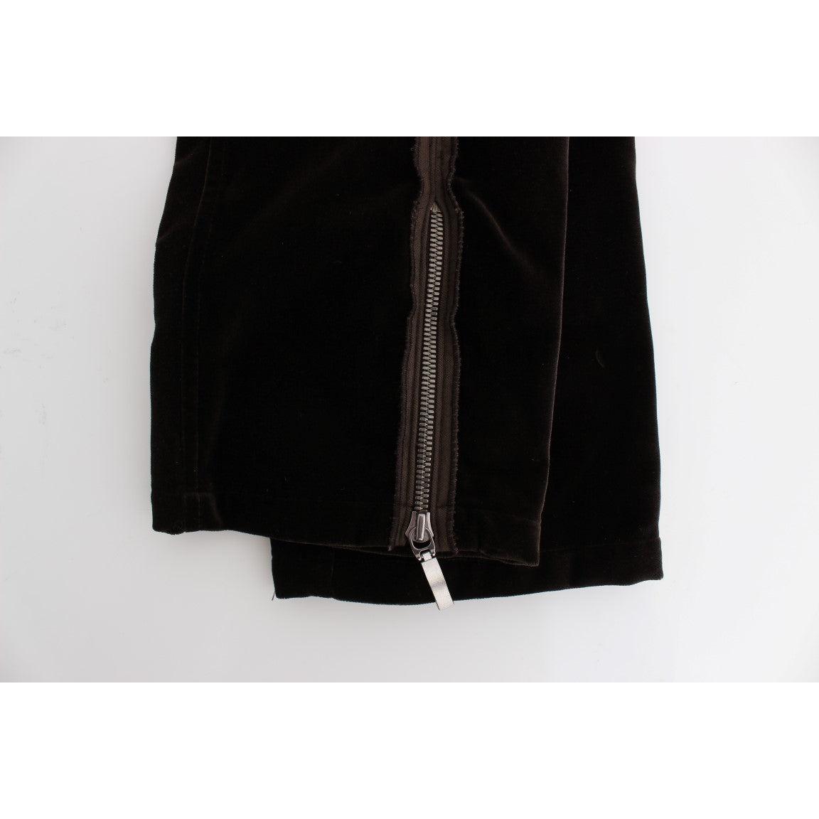 Brown Cotton Velvet Zippers Slim Fit Pants - coffeewithmee2