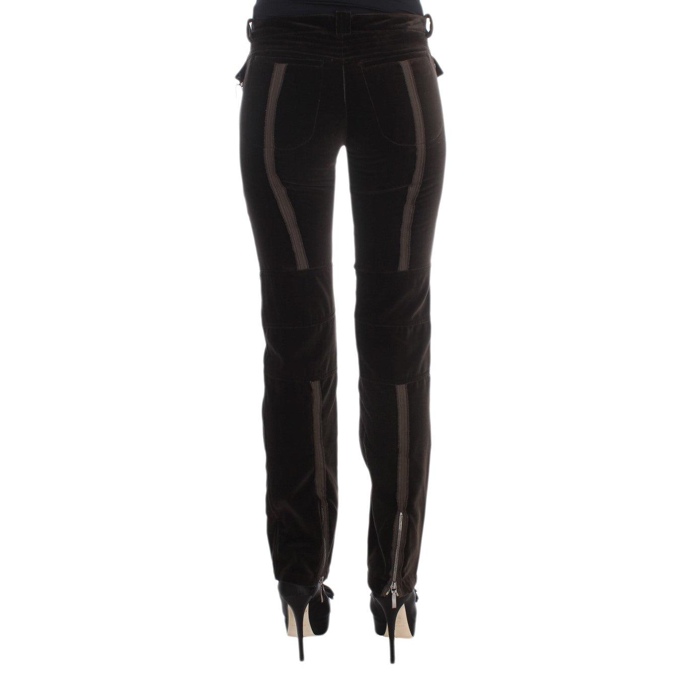 Brown Cotton Velvet Zippers Slim Fit Pants - coffeewithmee2