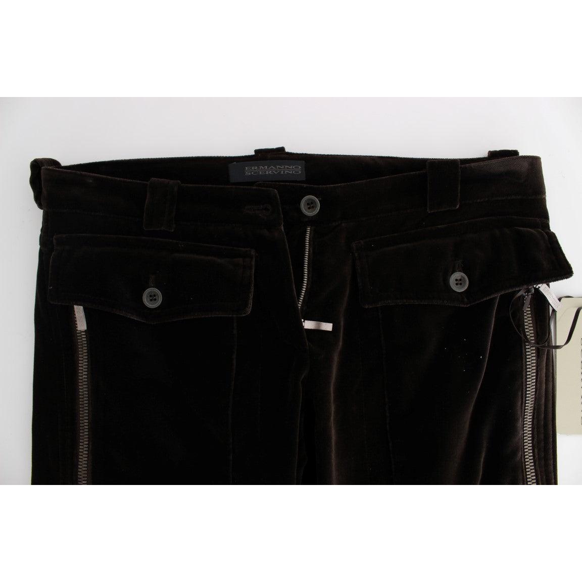 Brown Cotton Velvet Zippers Slim Fit Pants - coffeewithmee2