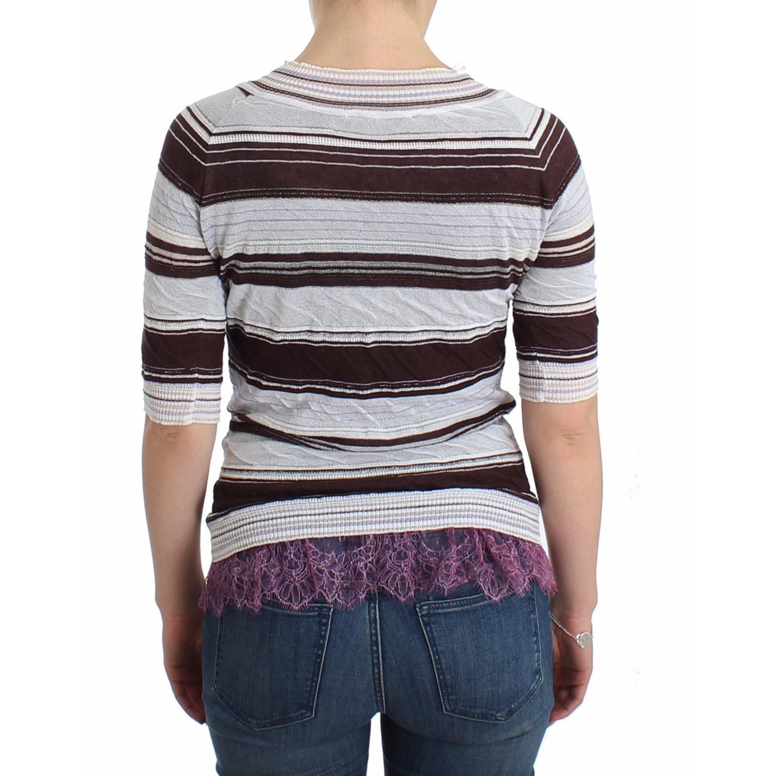 Striped Lace V-Neck Short Sleeve Top Sweater - coffeewithmee2