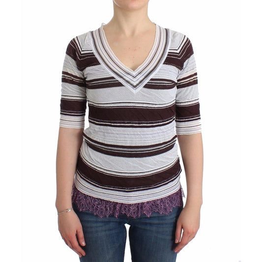 Striped Lace V-Neck Short Sleeve Top Sweater - coffeewithmee2