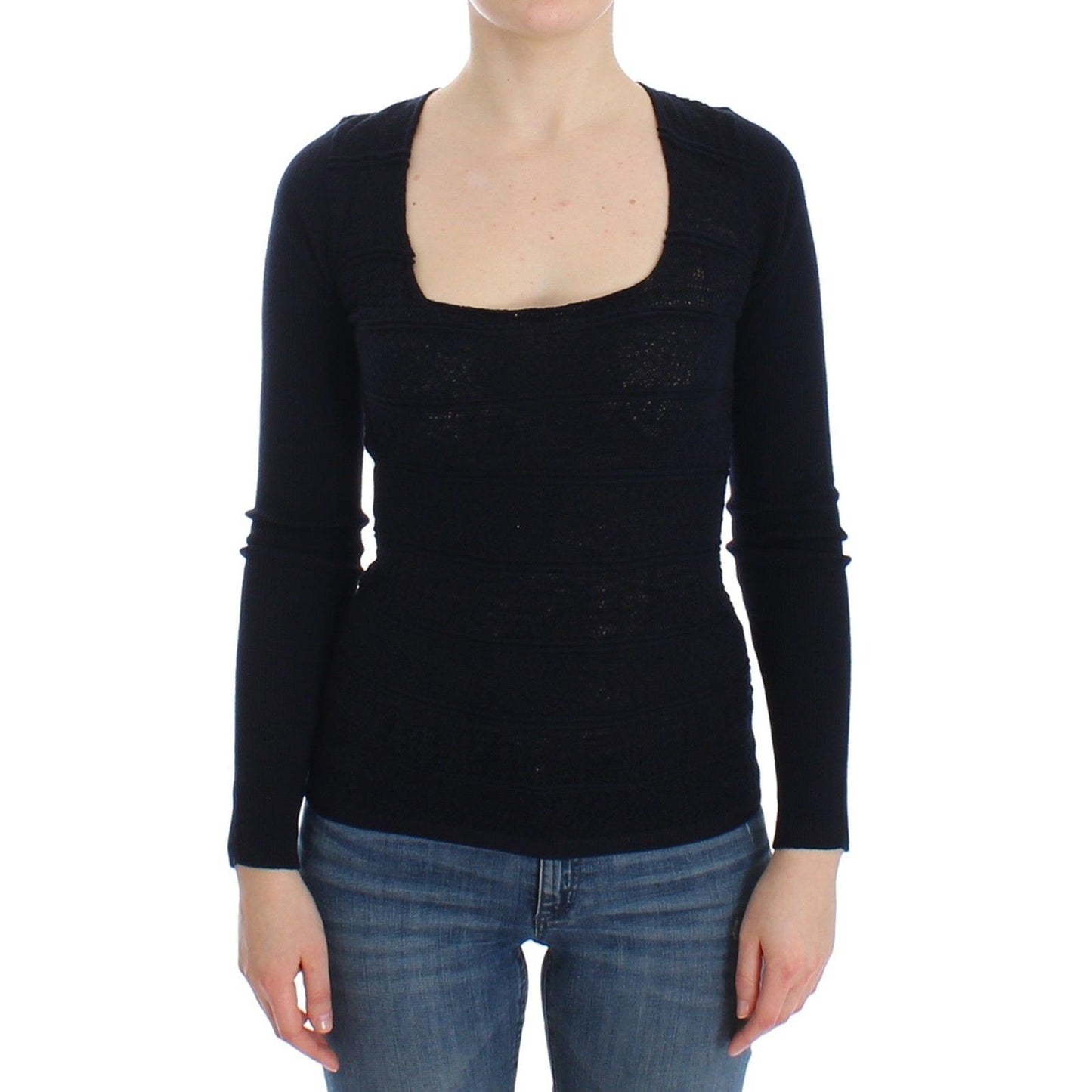 Blue Knitted Wool Stretch Sweater Top - coffeewithmee2