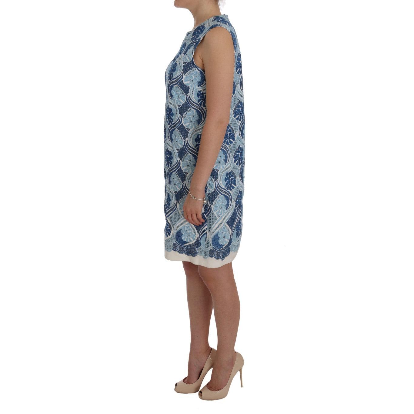 Blue White Floral Ricamo Shift Dress - coffeewithmee2