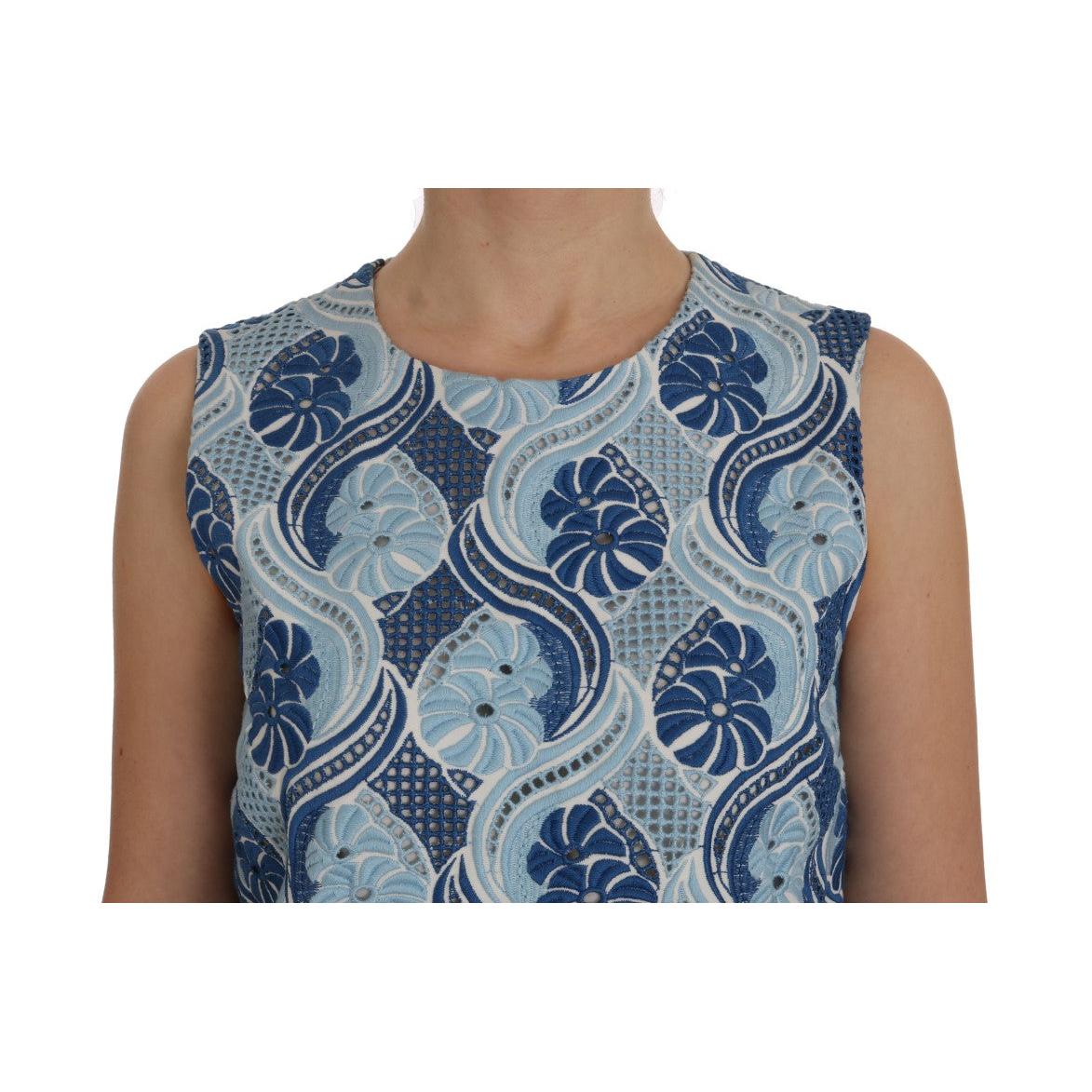 Blue White Floral Ricamo Shift Dress - coffeewithmee2