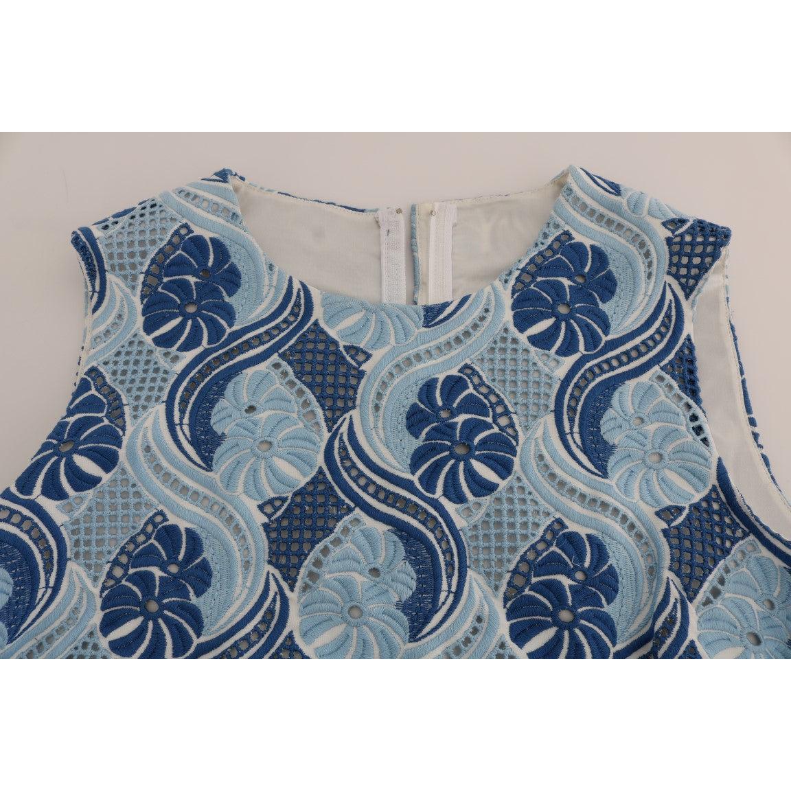 Blue White Floral Ricamo Shift Dress - coffeewithmee2