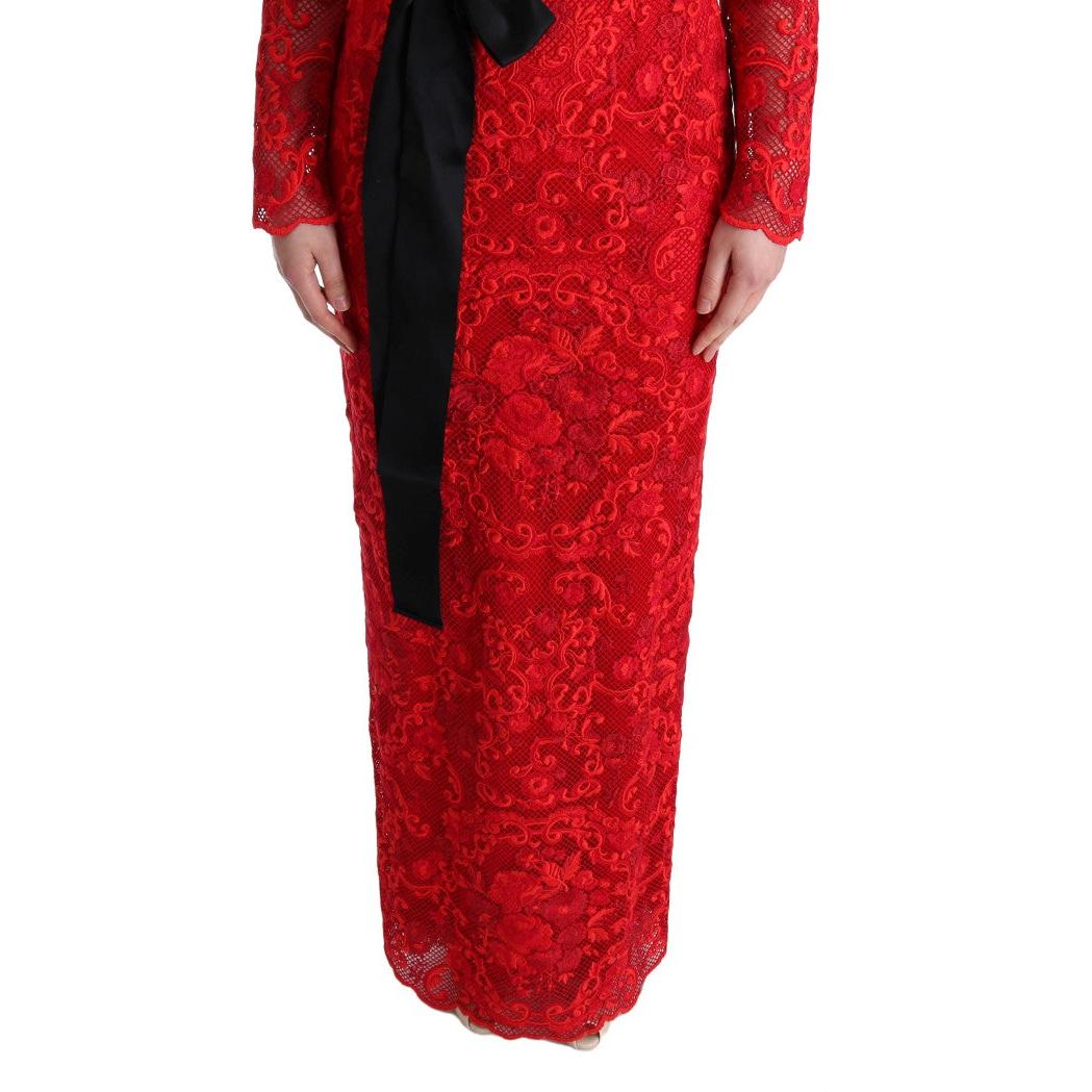 Red Floral Ricamo Sheath Long Dress - coffeewithmee2