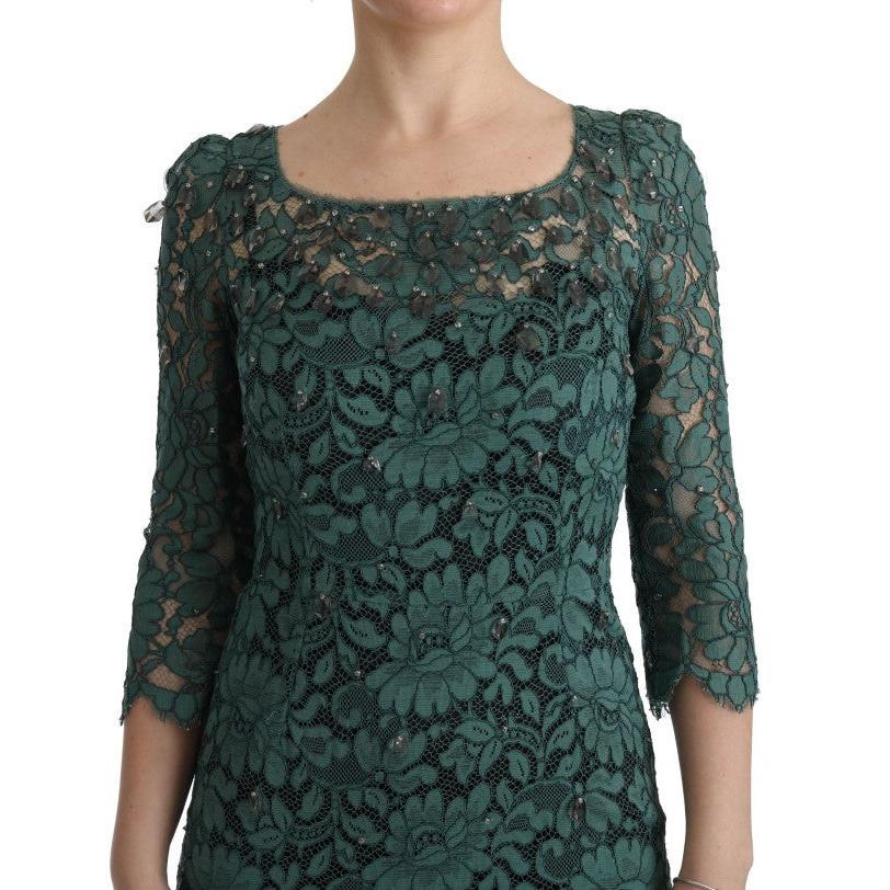 Green Floral Crystal Ricamo Sheath Dress - coffeewithmee2