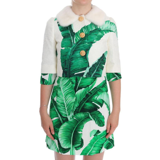 White Brocade Banana Leaf Fur Bolero Jacket - coffeewithmee2