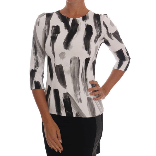 White Black Striped Printed Blouse Top