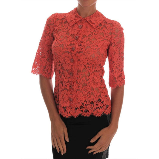 Orange Crystal Buttons Floral Lace Blouse