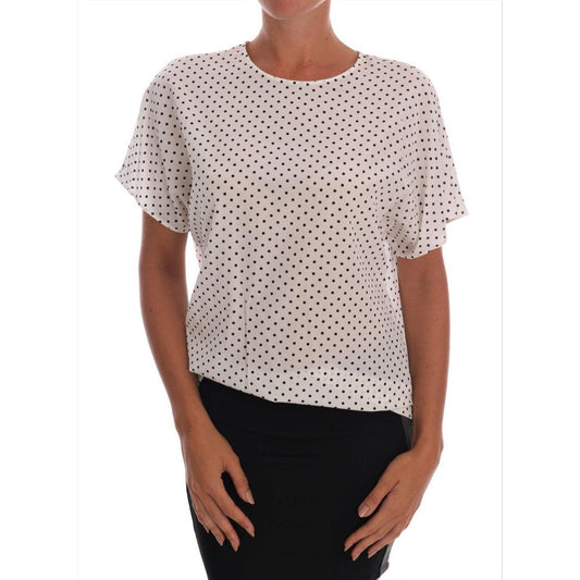 White Polka Dotted Silk T-shirt Top