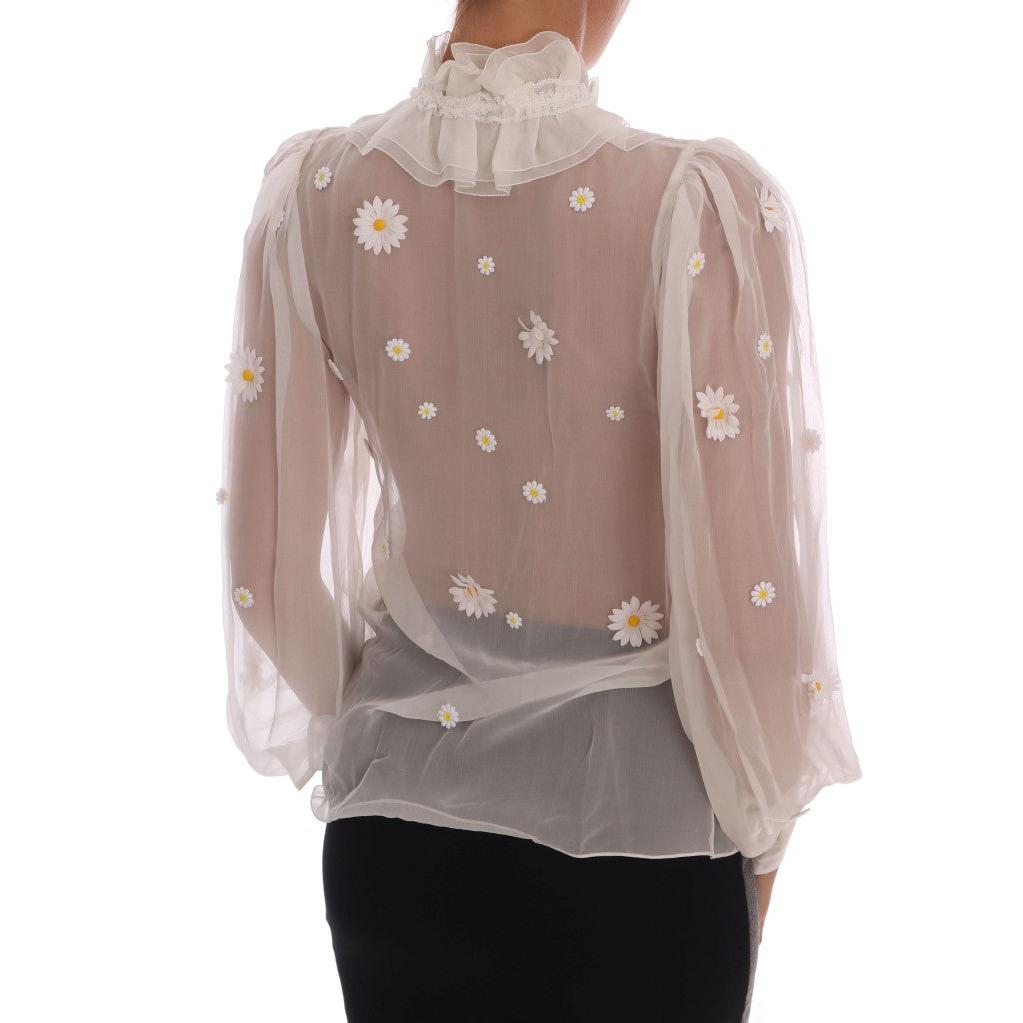 White Daisy Applique Silk Shirt
