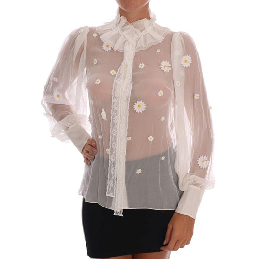White Daisy Applique Silk Shirt