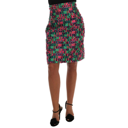 Pink Green Jacquard Pencil Skirt
