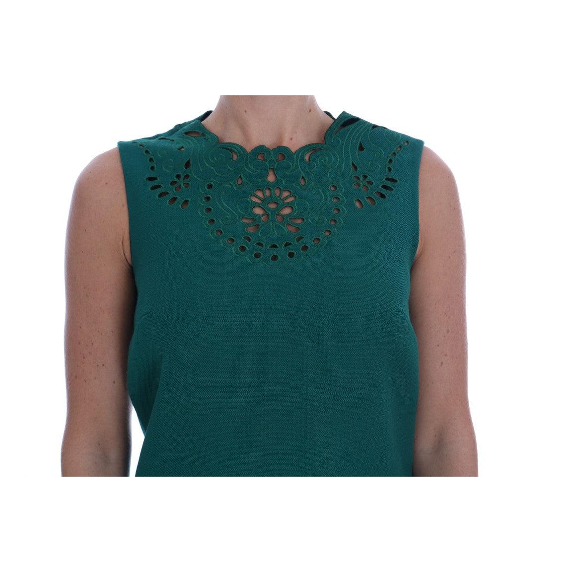 Green Floral Cutout Silk Wool Dress