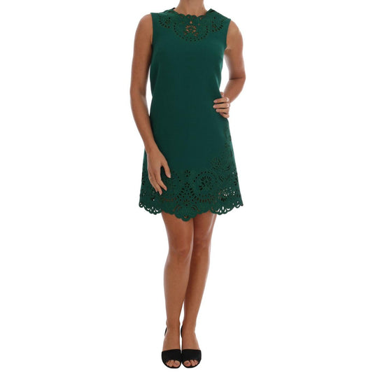 Green Floral Cutout Silk Wool Dress