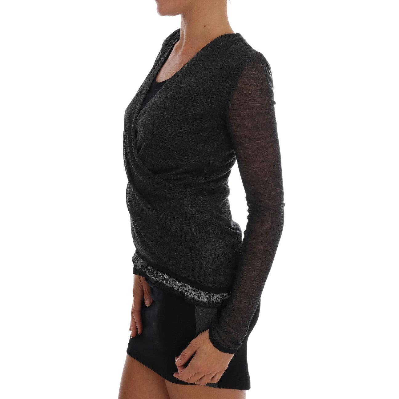 Gray Wool Lace Top Long Sleeved T-shirt