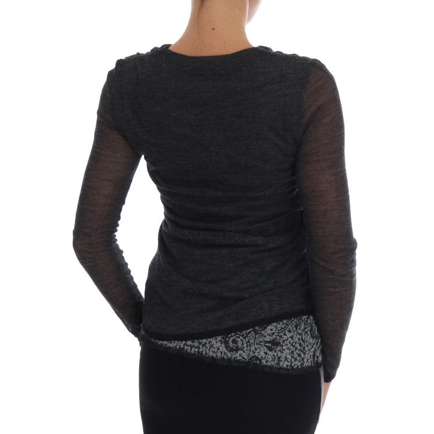 Gray Wool Lace Top Long Sleeved T-shirt
